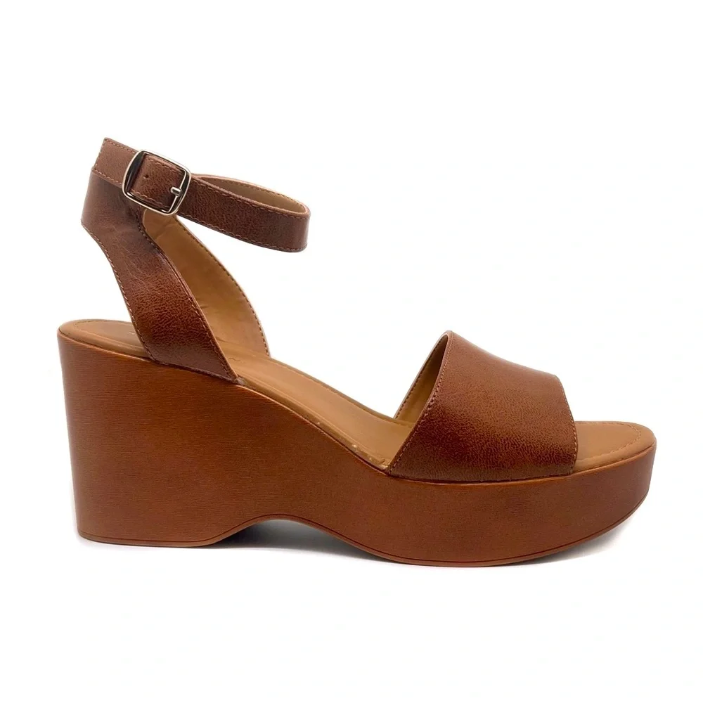 Sun + Stone Audreey Platform Wedge Ankle Strap Sandal Cognac Size 9.5